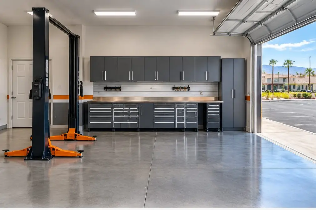 Illustration: an auto repair bay in Murrieta, CA with a wall of gray steel drawer cabinets, a steel-topped bench, a two-post lift at one side and a roll-up door open to a parking lot