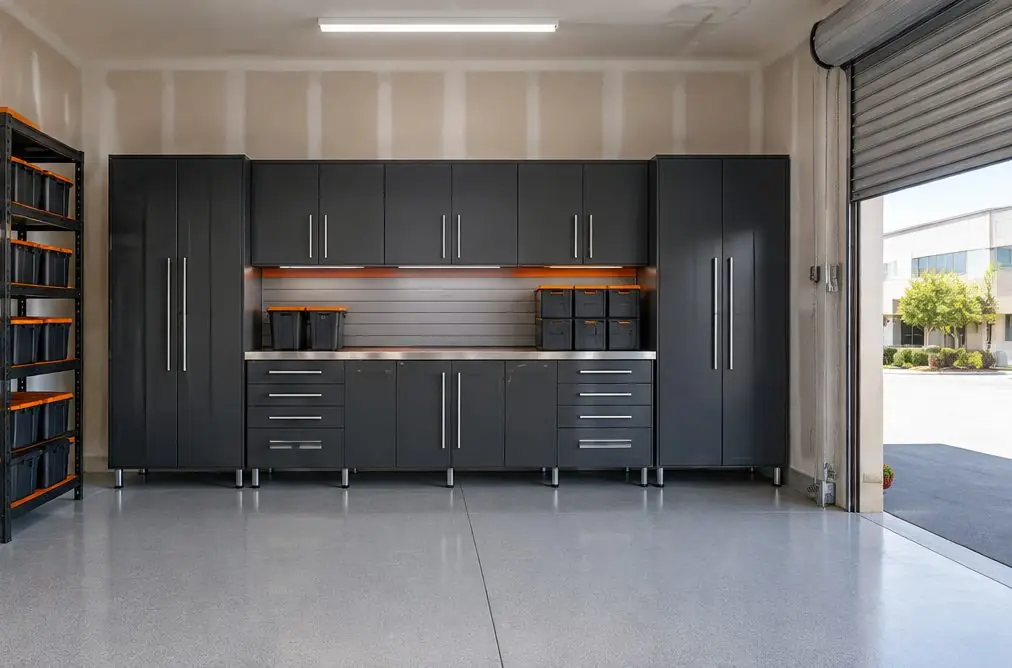 Illustration: a small shop garage in Murrieta, CA with a run of heavy-gauge steel cabinets, a steel-topped bench, labeled bins and a roll-up door half open on a business park