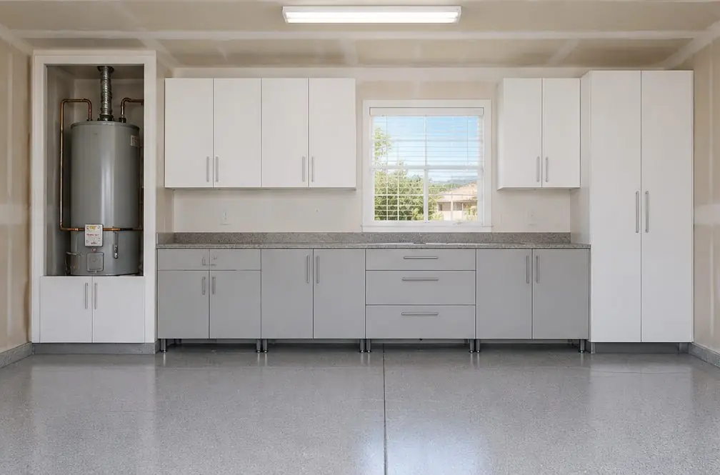 Illustration: custom white and light-gray garage cabinets in a Murrieta, CA garage fitted around a water heater alcove and a window, with a full-height unit at the end of the run and a stone-colored top
