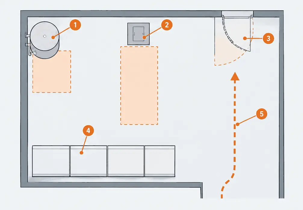 Diagram: top view of a garage corner, with a water heater and its dashed access zone, an electrical panel with a dashed working-space zone on the floor in front of it, a house door with a dashed quarter-circle swing, and a cabinet run that stops short of all three zones