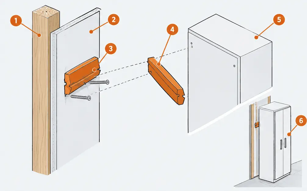 Diagram: side section of a wall cabinet hung on a cleat that is screwed through the drywall into a wall stud