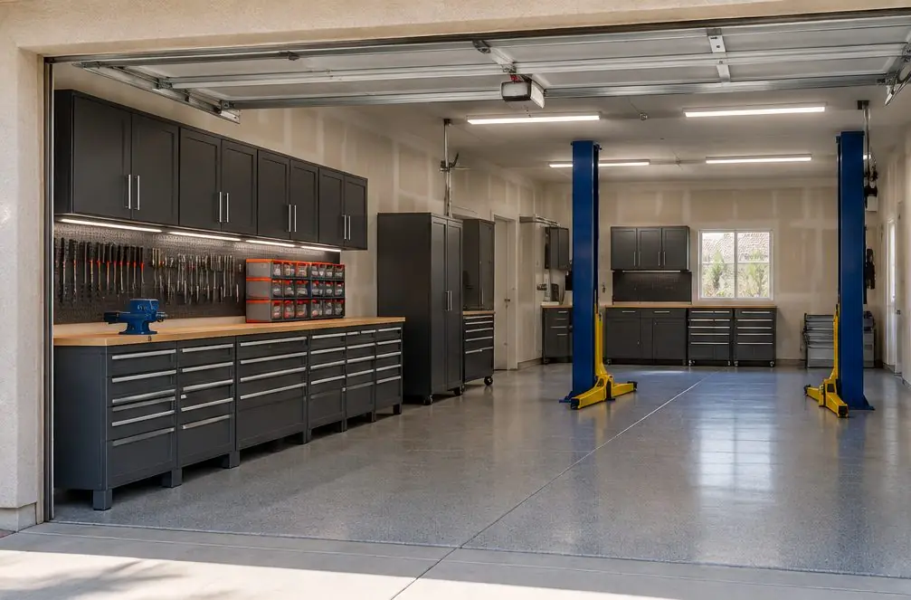 Illustration: a two-bay auto repair shop near Old Town Murrieta, CA with a run of modular dark gray drawer cabinets with heavy tops, a workbench with a vise, labeled parts bins and a lift in the next bay