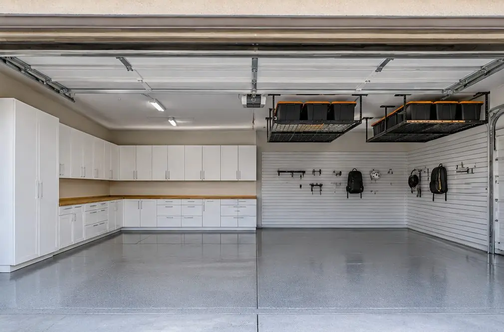 Illustration: a three-car garage in a gated Murrieta, CA golf community with white melamine tall, wall and base cabinets along two walls, a wood bench, slatwall panels with hooks and two ceiling racks above the third bay