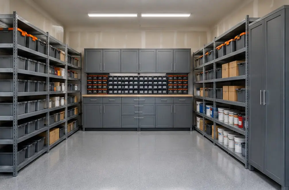Illustration: a maintenance room in Murrieta, CA with gray steel shelving units and cabinets along three walls, labeled bins of parts, paint cans on a low shelf and a cleared central aisle