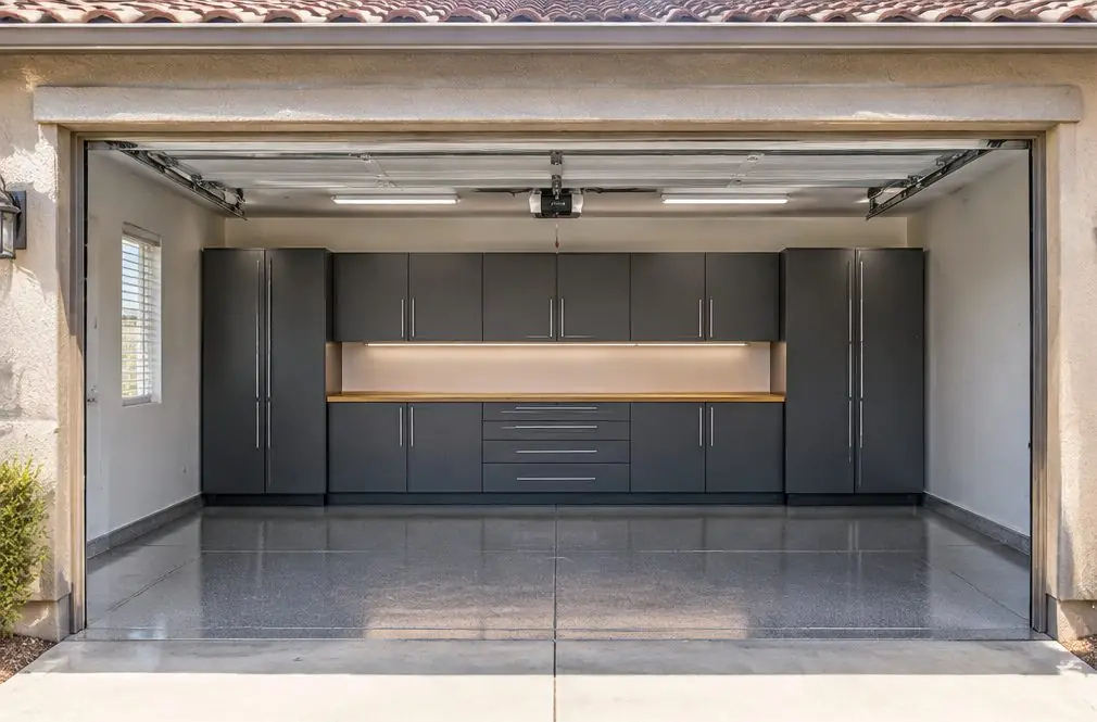 Illustration: a two-car garage in a Murrieta, CA tract home with one back wall of gray steel base and wall cabinets, a short bench top with a light strip underneath, and an empty floor in front