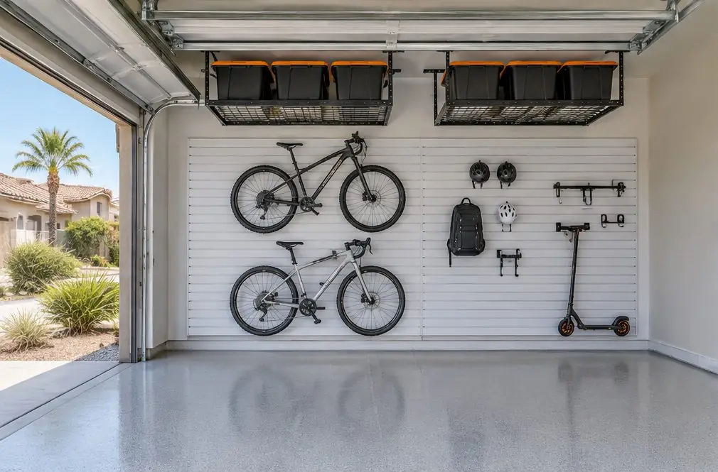 Illustration: a two-car garage in a Murrieta, CA community with two black steel ceiling racks holding labeled bins beside the door track, and a white slatwall on the side wall with bikes, helmets and a scooter