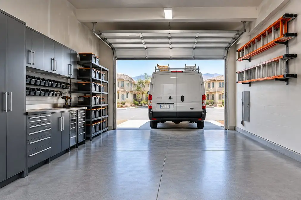 Illustration: a contractor garage in Murrieta, CA with steel cabinets and shelving, a wall of labeled tool bins, a work van backed up to the roll-up door and ladders on brackets