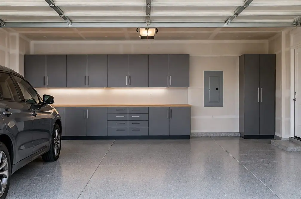 Illustration: a tidy two-car garage in a Murrieta, CA tract house with a run of gray steel base and wall cabinets on the back wall, a clear strip in front of the electrical panel and a parked car on one side