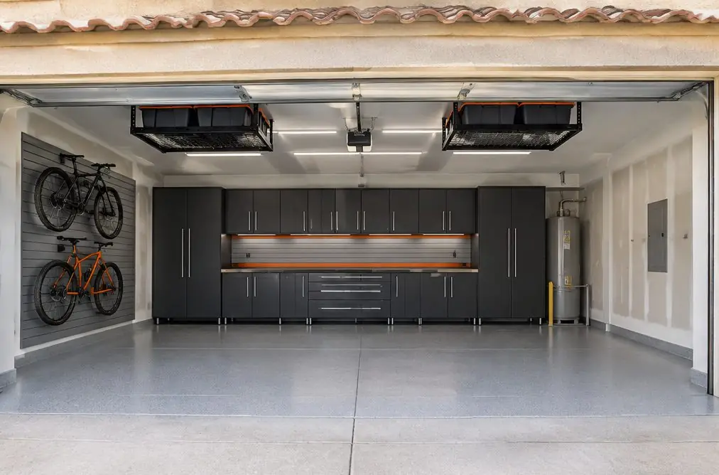 Illustration: a finished three-car garage in a Murrieta, CA house, steel cabinets along the back wall, slatwall with bikes on the side wall, two overhead racks and a light-gray coated floor