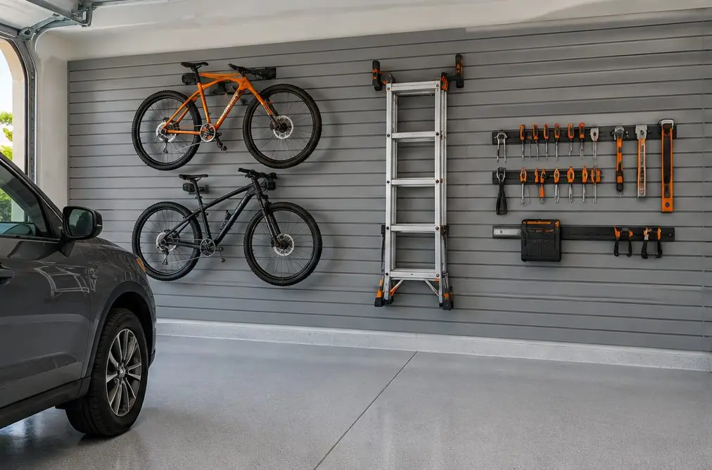Illustration: a garage side wall in Murrieta, CA covered with gray PVC slatwall, two bikes on hooks, a ladder on brackets and a row of hand tools on rails, with a parked car at the edge of the frame