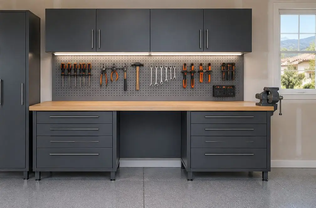 Illustration: a garage workbench with a maple top and drawers below in a Murrieta, CA garage, a pegboard of hand tools above, an LED strip under a wall cabinet and a vise at the corner