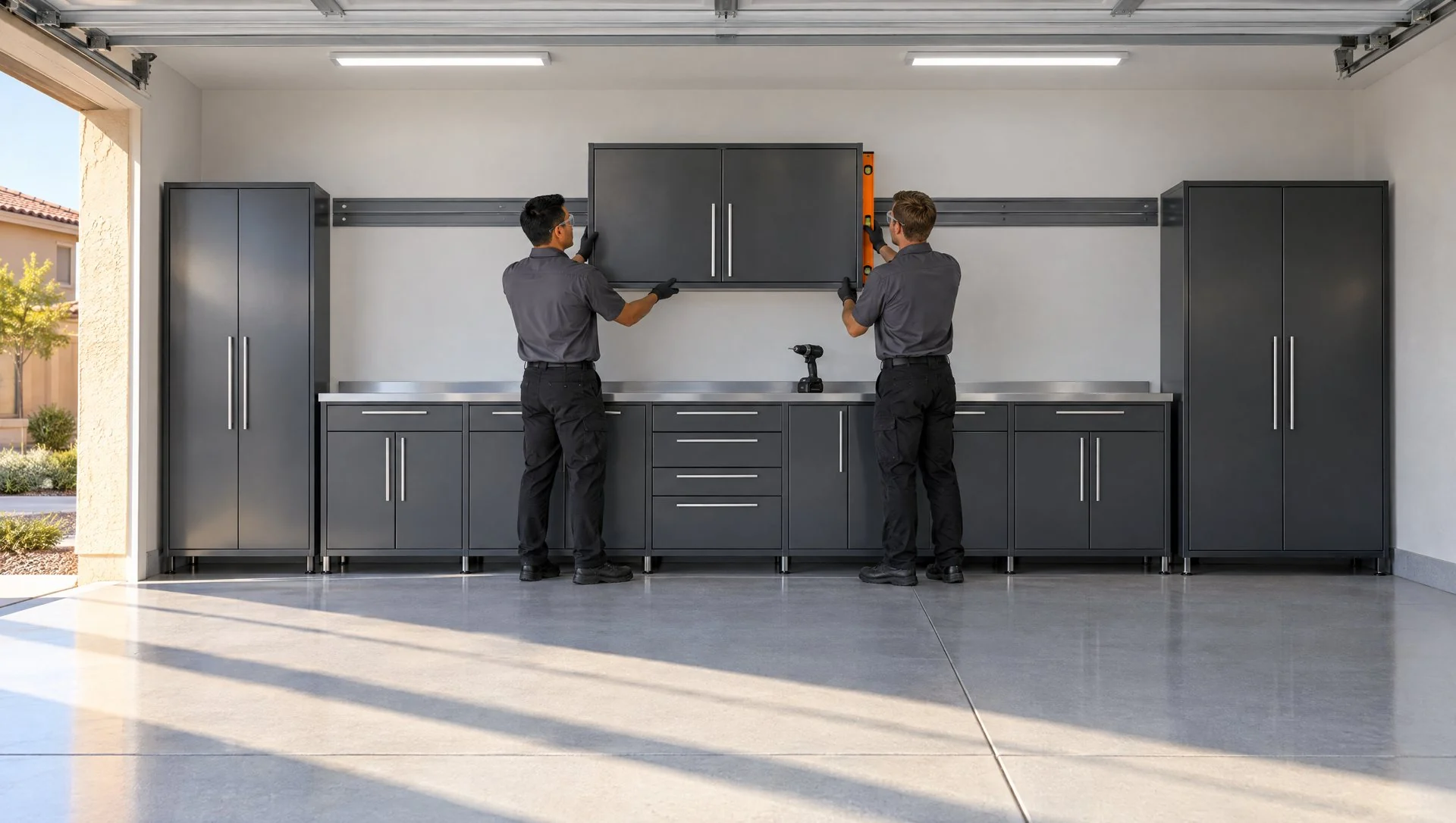 Illustration: two cabinet installers in matching uniforms setting a steel wall cabinet onto a mounting rail in a bright two-car garage in Murrieta, CA, one holding the cabinet and the other checking it with a level, no brands (AI-generated)