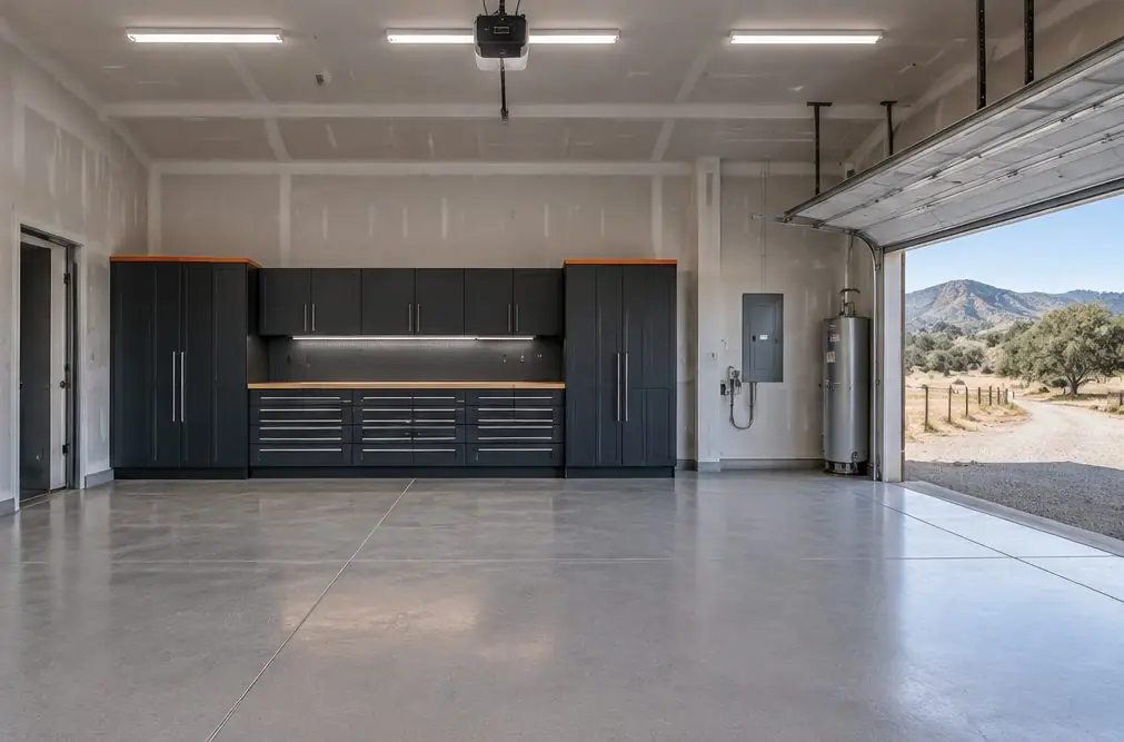 Illustration: a garage with cabinets in a typical Murrieta Ranchos and La Cresta home
