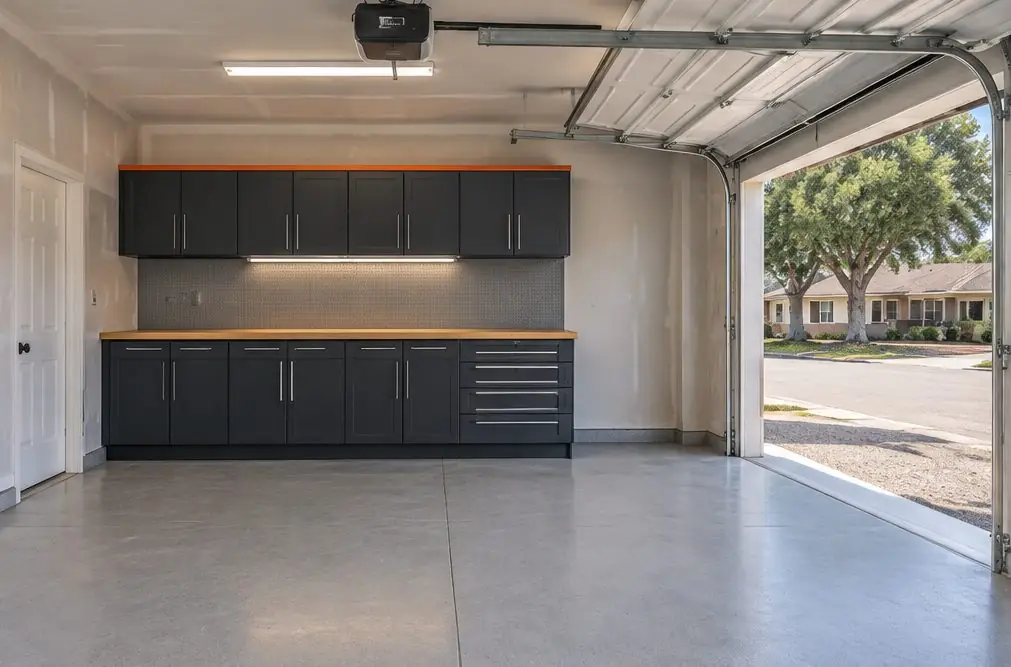 Illustration: a garage with cabinets in a typical Old Town Murrieta home