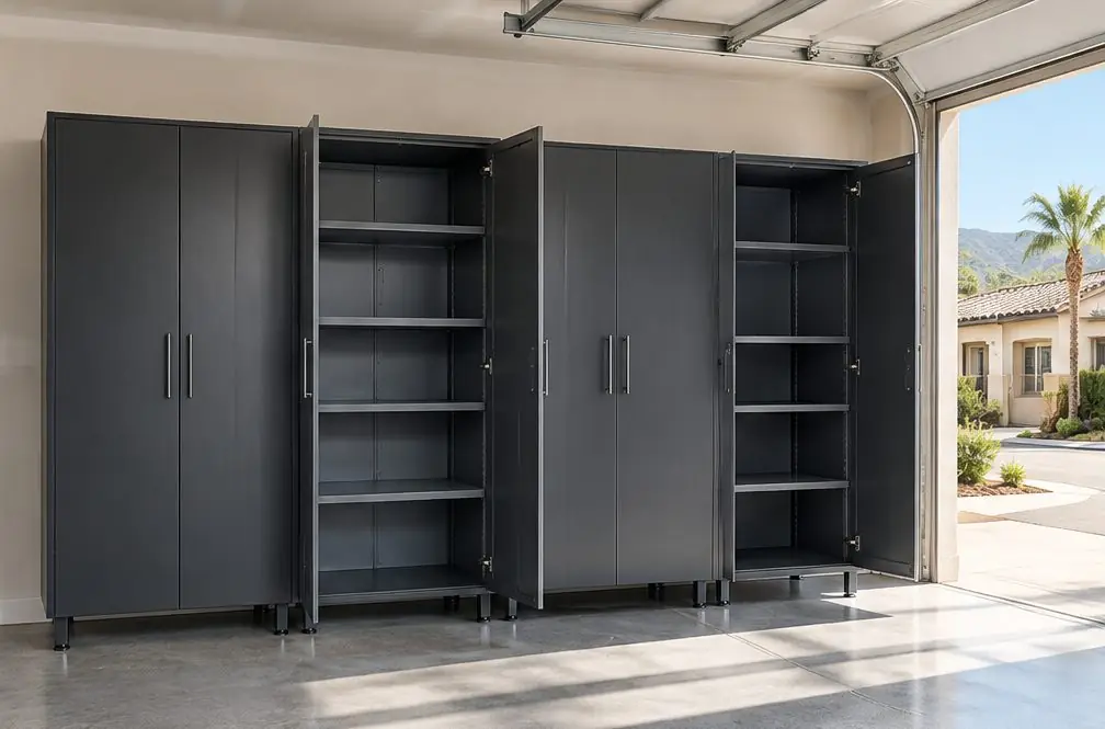 Illustration: a row of powder-coated steel garage cabinets in a Murrieta, CA garage, two doors open to show adjustable shelves, leveling feet on a clean slab and a sunlit door opening behind