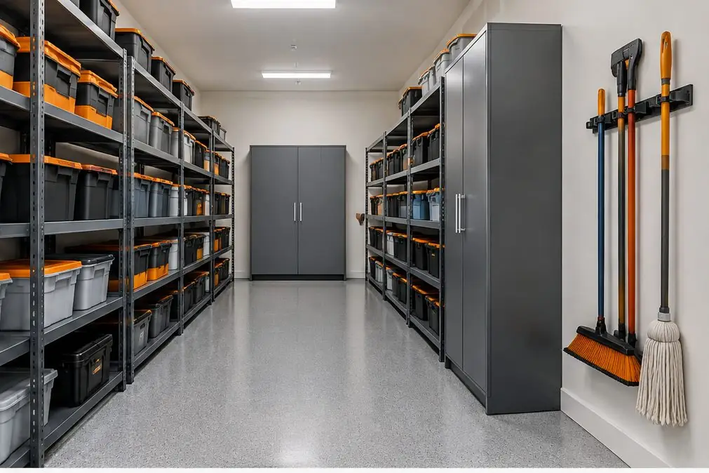 Illustration: a maintenance room in Murrieta, CA with steel shelving and a few lockable cabinets, labeled bins in rows, a broom and a mop rack on the side wall and a neat aisle down the center